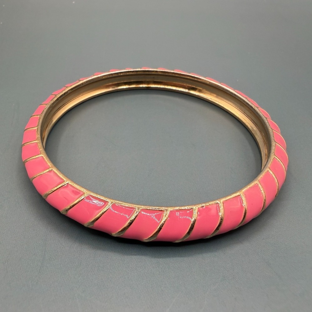 Pink Enamel Gold Tone Bangle Bracelet Diagonal Stripe Statement Vintage Style